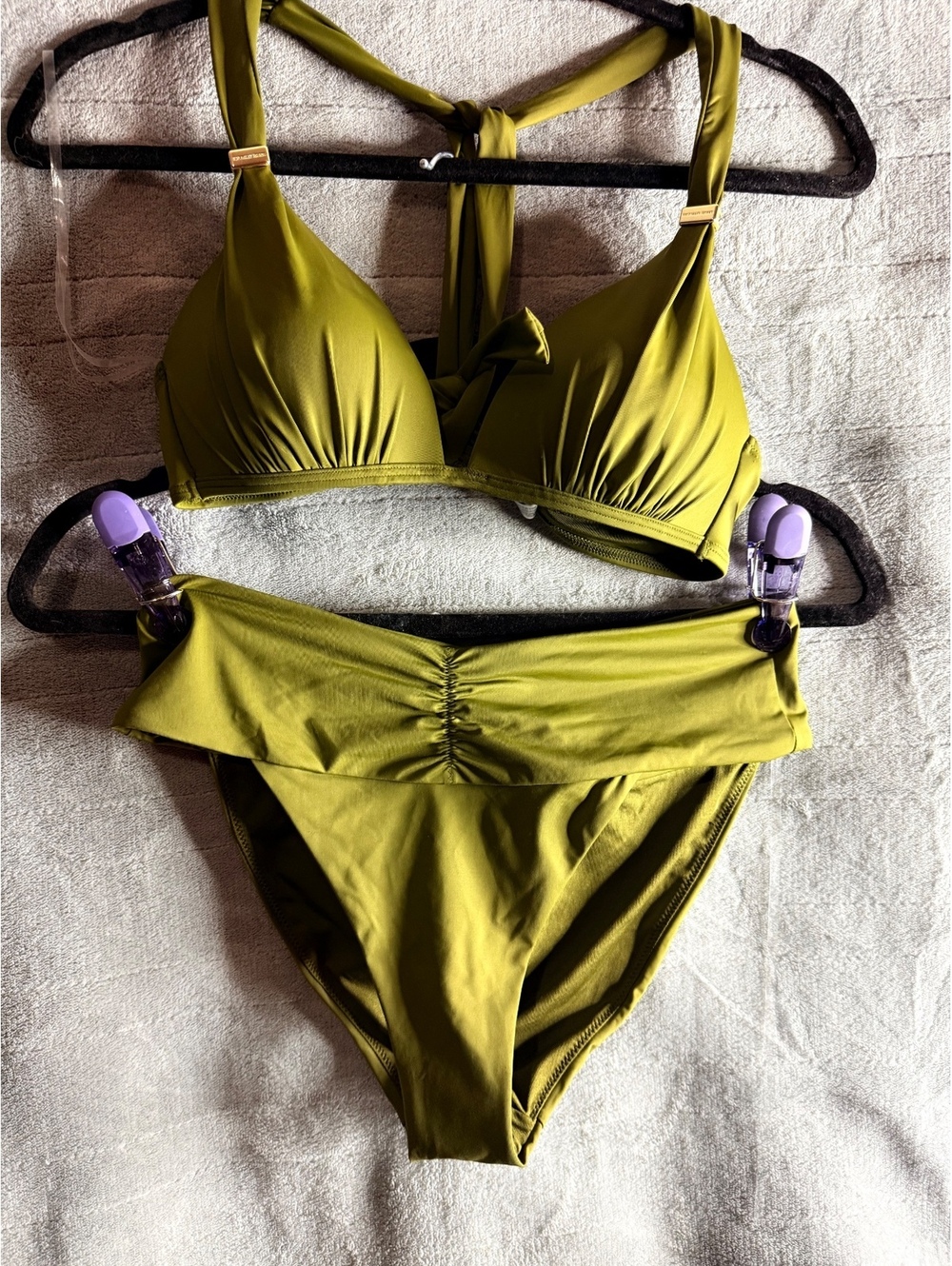 Victoria’s Secret Olive Green Ruched Halter Bikini Set S Gold Hardware NWOT